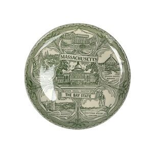Vintage Green & White Massachusetts Collectors Souviner Plate Historic Colonial